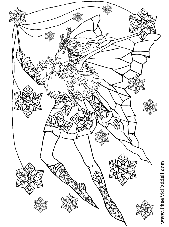 (Snowflake Fairy to color Black and White coloring and craft pages )